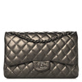 Metallic Lambskin Quilted Jumbo Double Flap Pewter