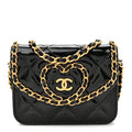 Patent Quilted Chain Around Heart Mini Chain Flap Black