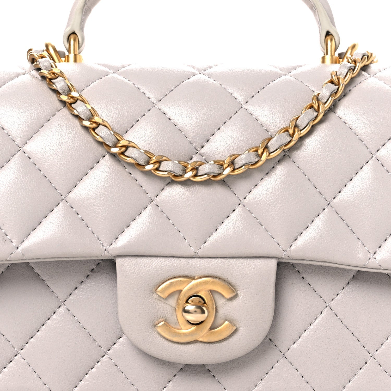 Lambskin Quilted Mini Top Handle Rectangular Flap Grey