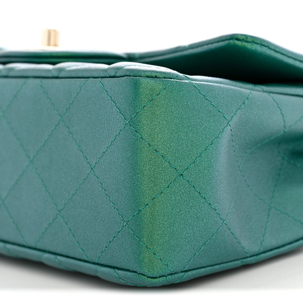 Iridescent Lambskin Quilted Mini Rectangular Flap Green