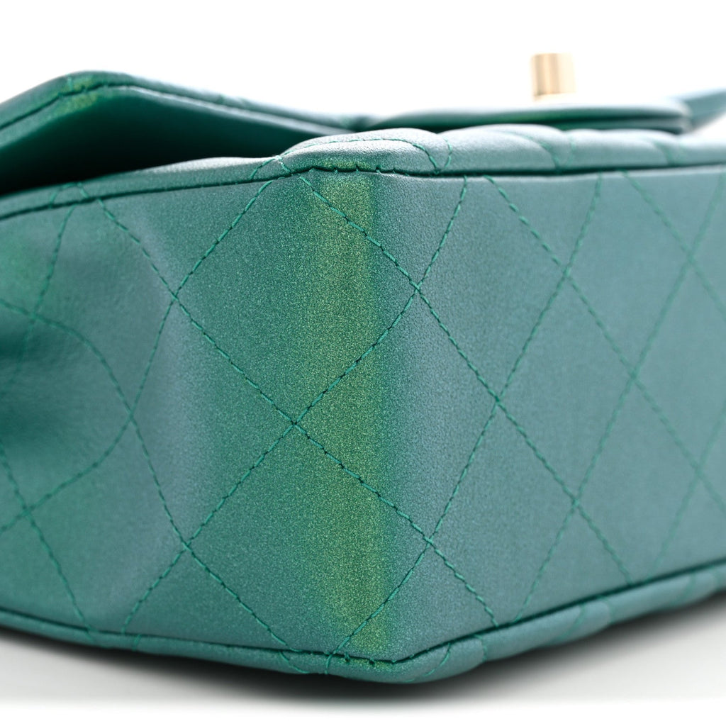 Iridescent Lambskin Quilted Mini Rectangular Flap Green