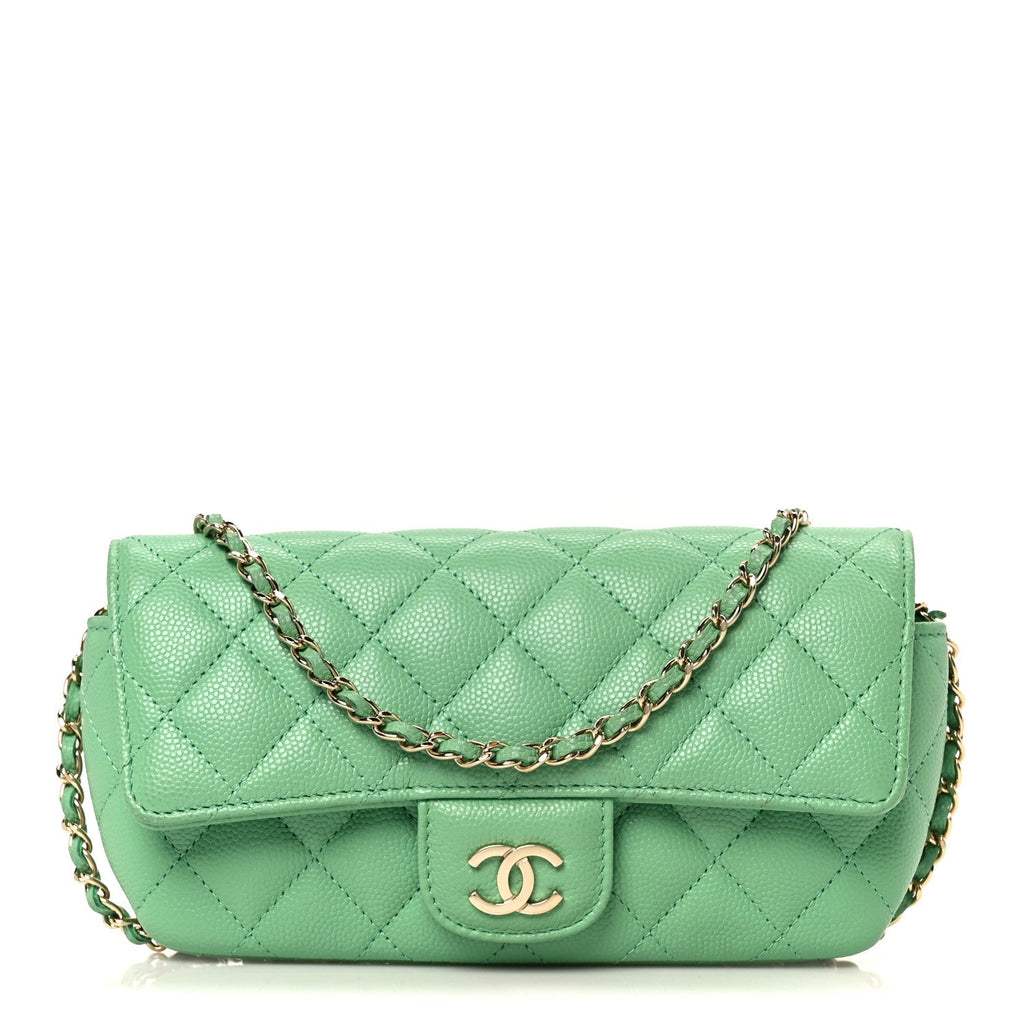 Caviar Quilted Flap Phone Holder With Chain Green