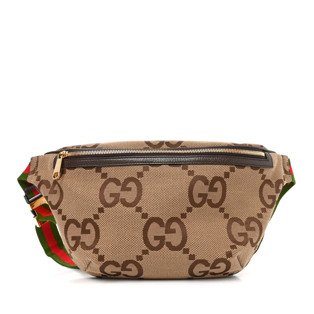 Monogram Jumbo GG Textured Dollar Calfskin Web Belt Bag Camel Ebony New Acero