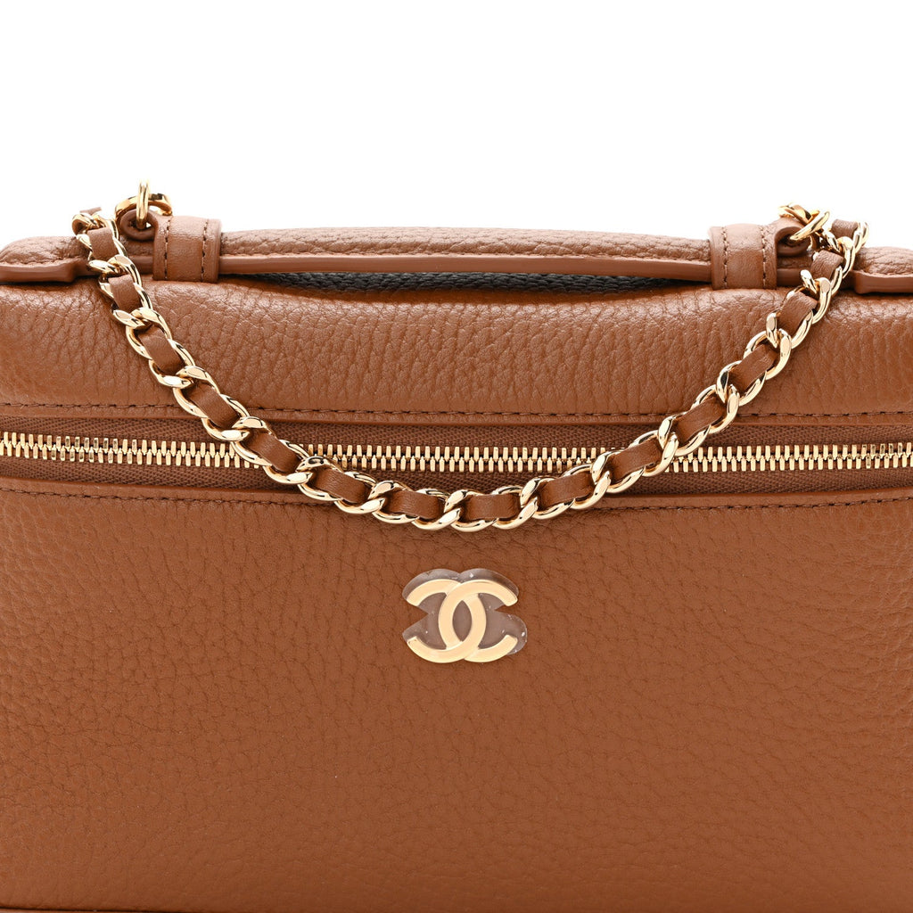 Grained Calfskin Top Handle Slim Vanity Case With Chain Camel Camel