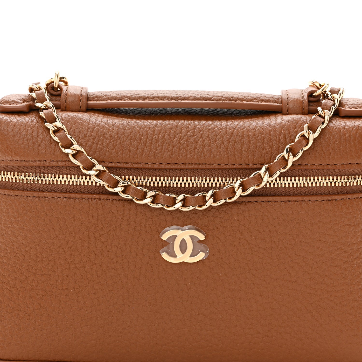 Grained Calfskin Top Handle Slim Vanity Case With Chain Camel Camel