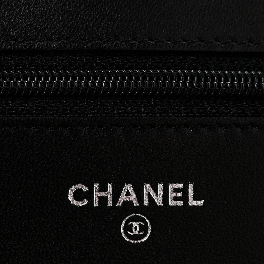 Lambskin Camellia Embossed Wallet On Chain WOC Black