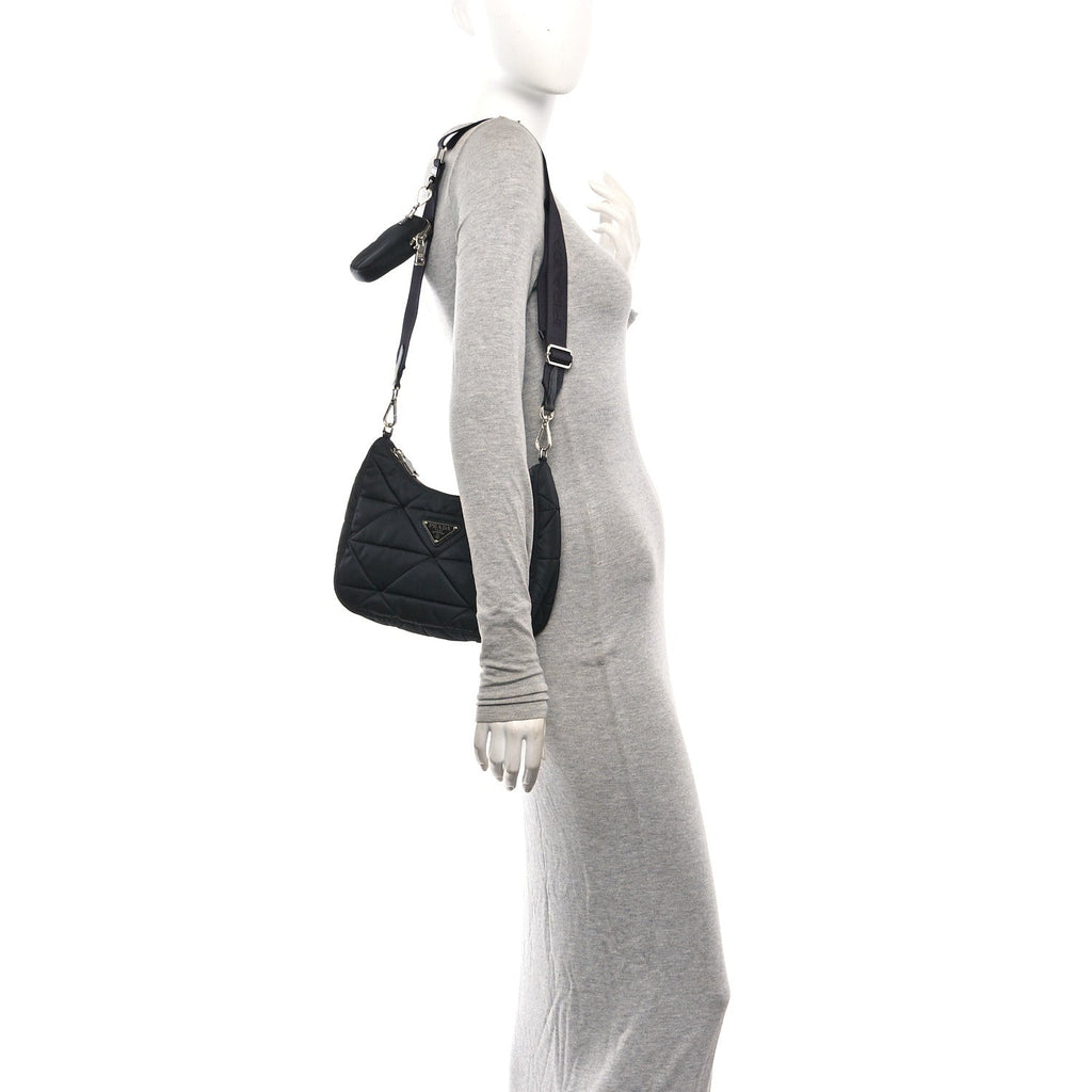 Re-Nylon Triangle Padded Patchwork Shoulder Bag Black