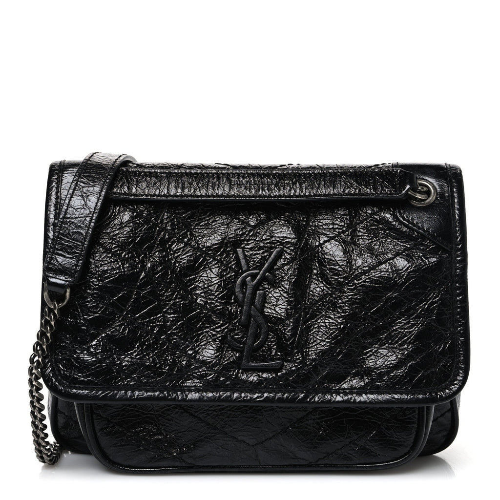 Crinkled Calfskin Matelasse Monogram Baby Niki Chain Satchel Black