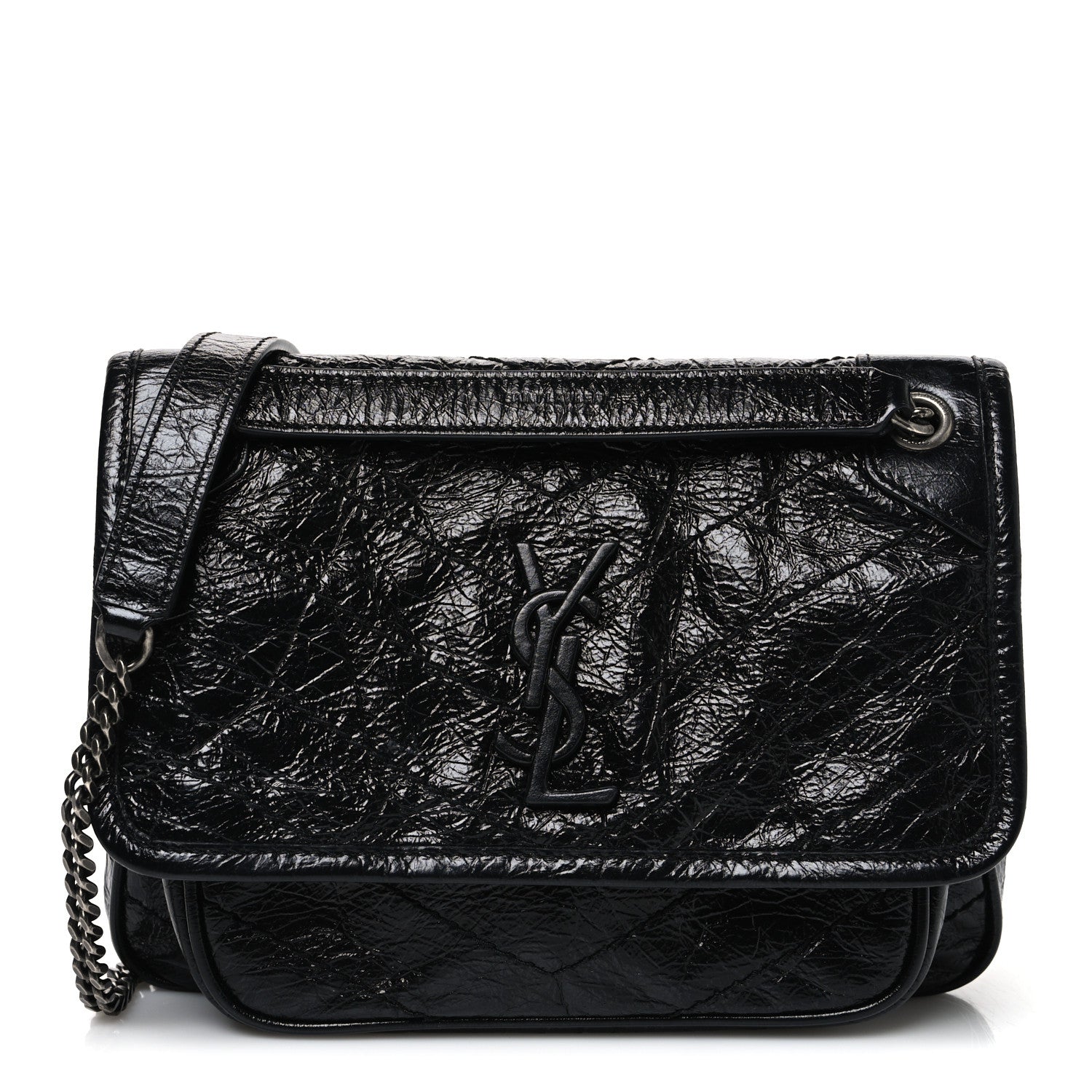 Crinkled Calfskin Matelasse Monogram Baby Niki Chain Satchel Black