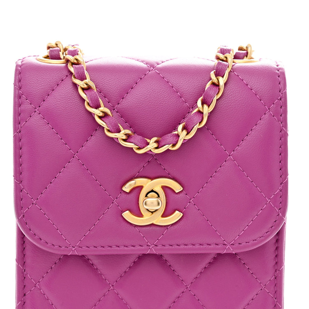 Lambskin Quilted Pearl Crush Phone Holder With Chain Purple