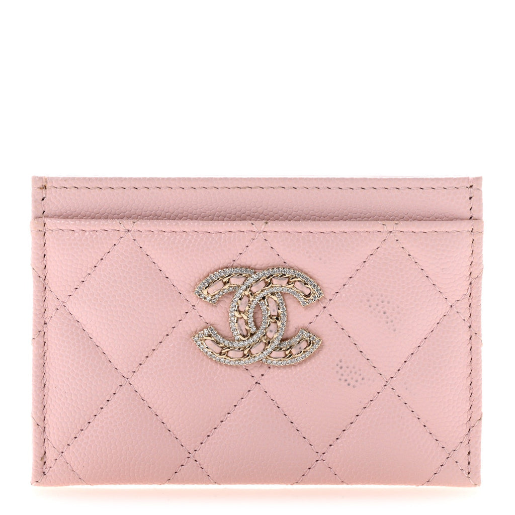 Caviar Quilted Crystal Card Holder Pink