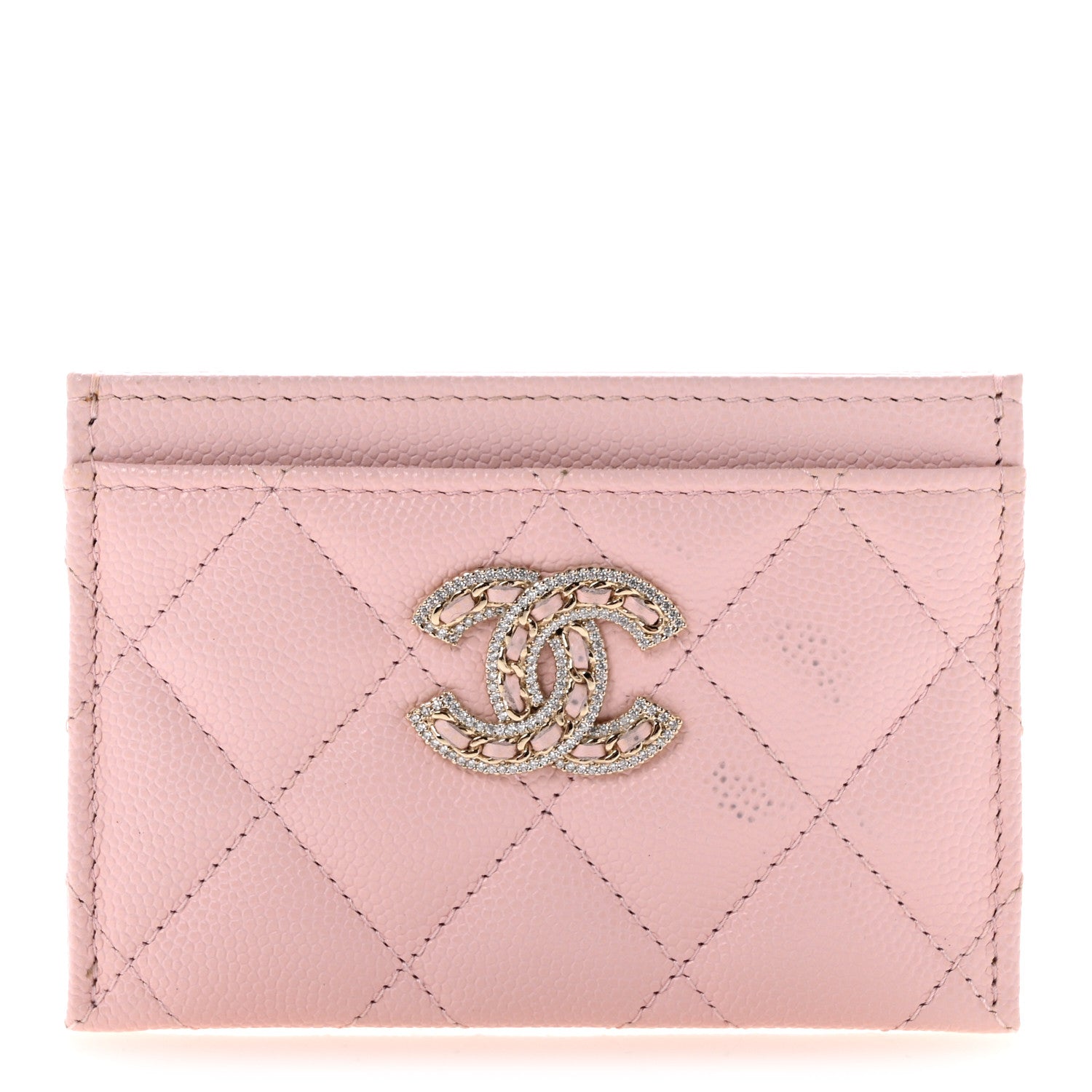 Caviar Quilted Crystal Card Holder Pink