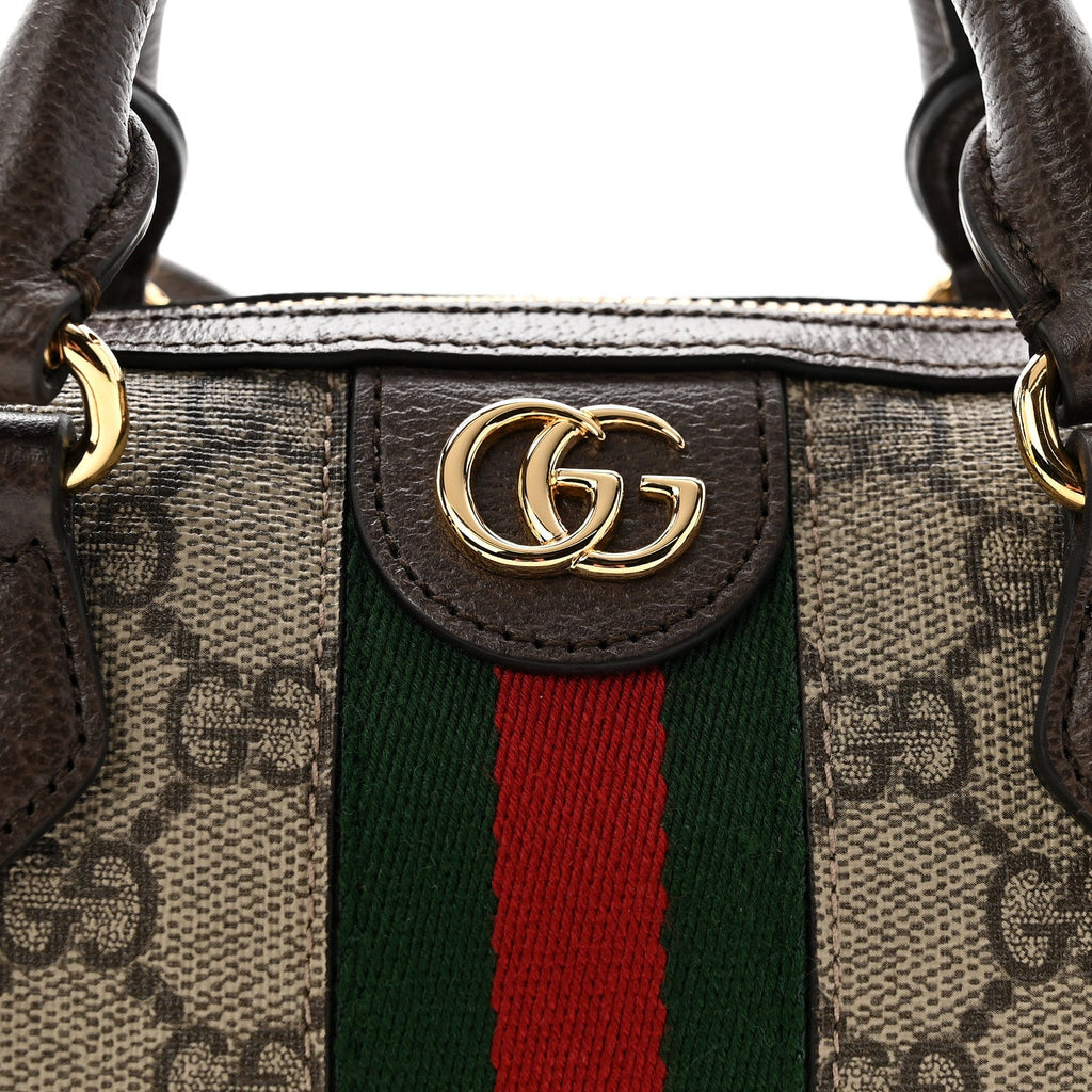 GG Supreme Monogram Textured Dollar Calfskin Web Super Mini Ophidia Top Handle Bowler Bag Beige Ebony New Acero