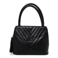 Lambskin Chevron Quilted Top Handle Tote Bag Black