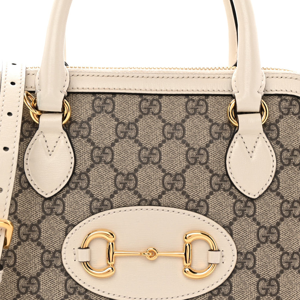 GG Supreme Monogram Azalea Calfskin Small Horsebit 1955 Top Handle Bag Beige Ebony Mystic White