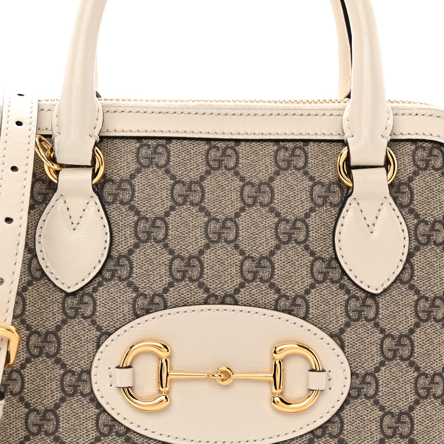 GG Supreme Monogram Azalea Calfskin Small Horsebit 1955 Top Handle Bag Beige Ebony Mystic White