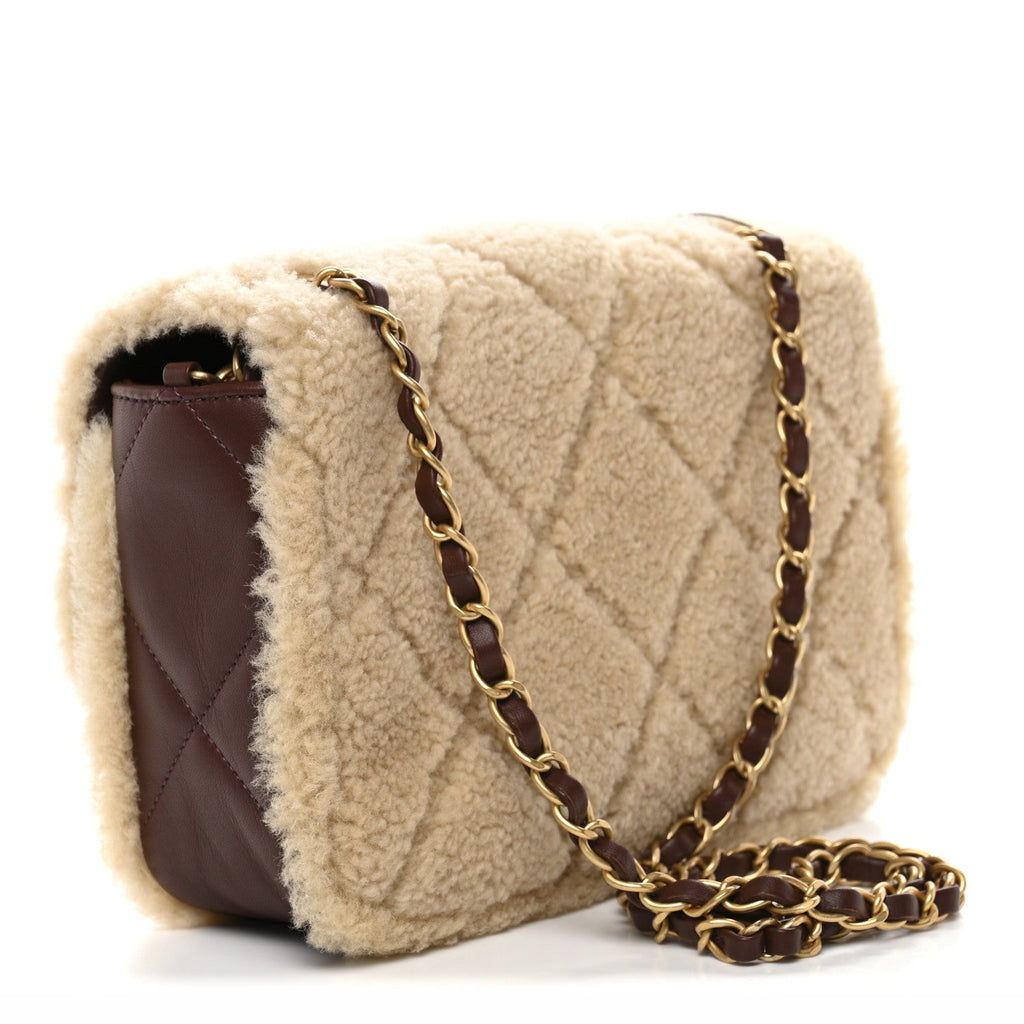 Shearling Lambskin Quilted Furry Coco Flap Beige Dark Brown