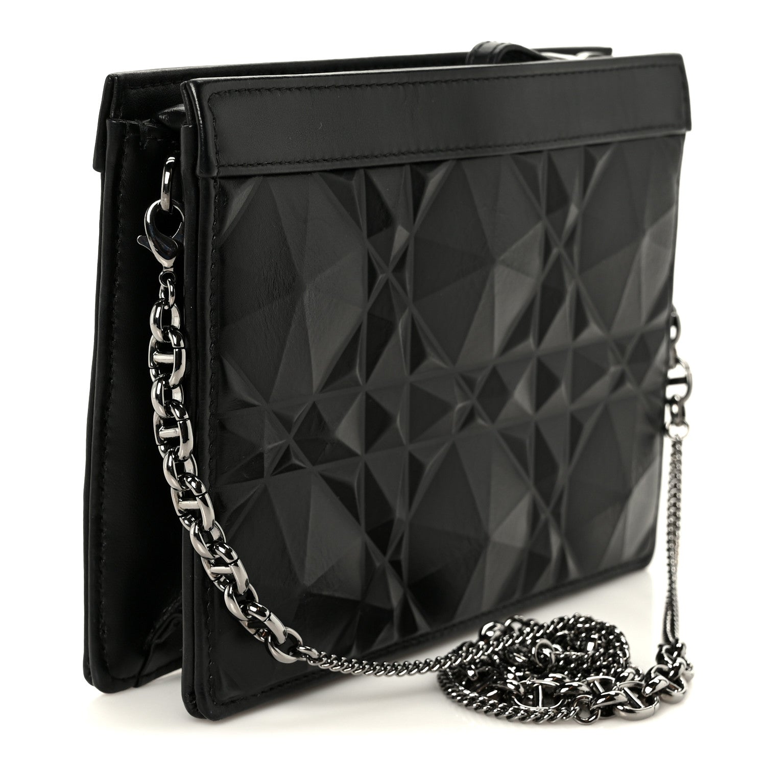 Calfskin Macrocannage Diamond Caro Zipped Pouch With Chain Black