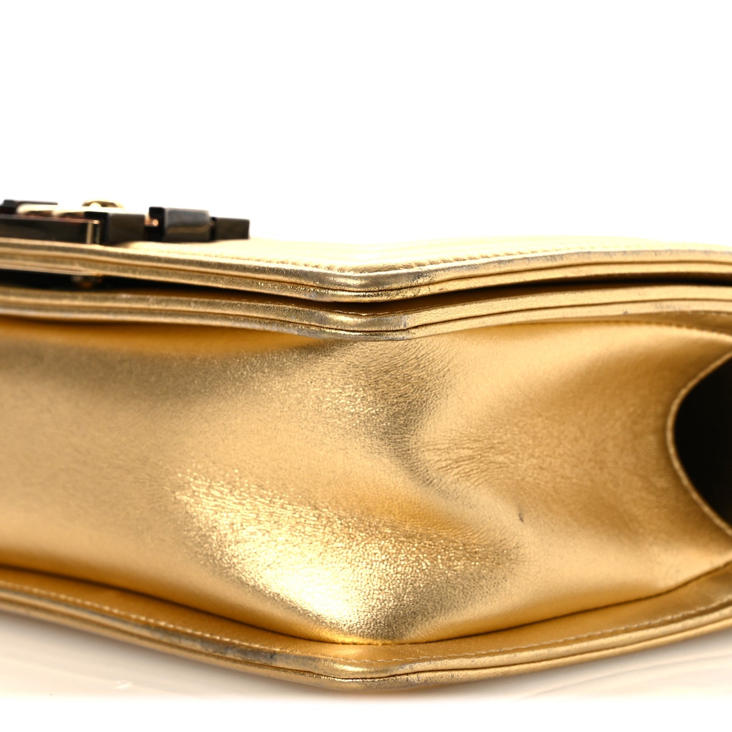 Metallic Lambskin Embossed Small Cube Boy Flap Gold
