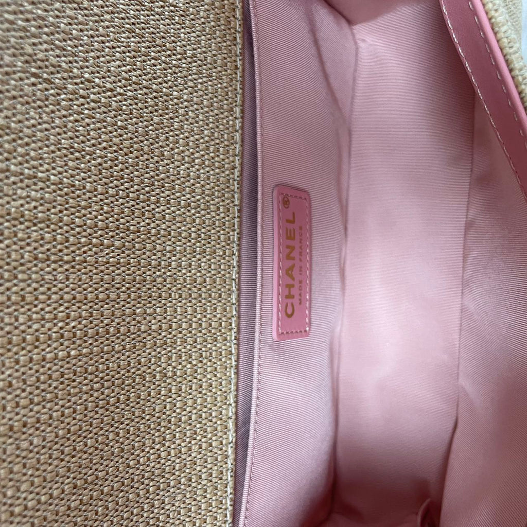 Chanel Medium Boy Flap Chevron Raffia & Leather Pink 2018