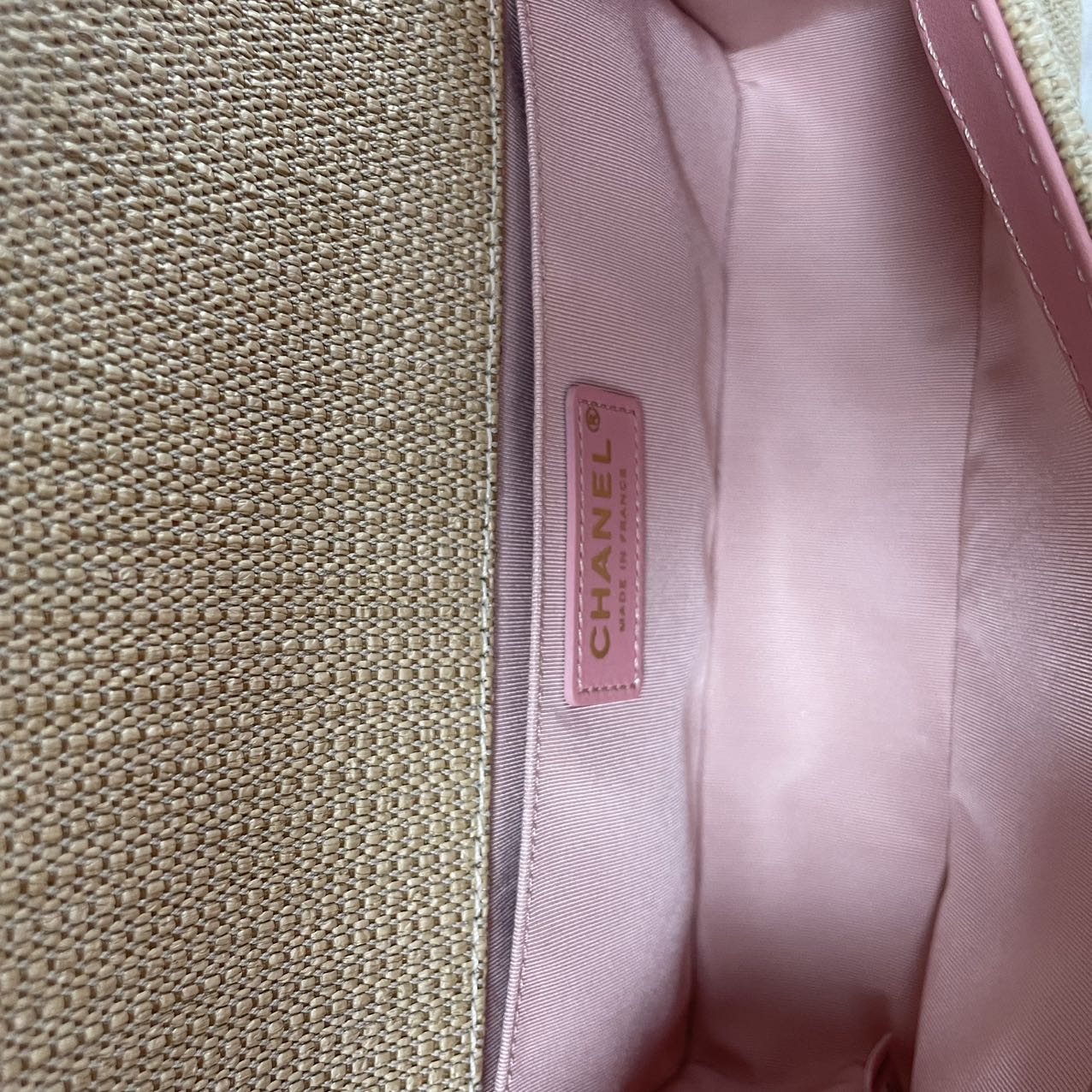 Chanel Medium Boy Flap Chevron Raffia & Leather Pink 2018