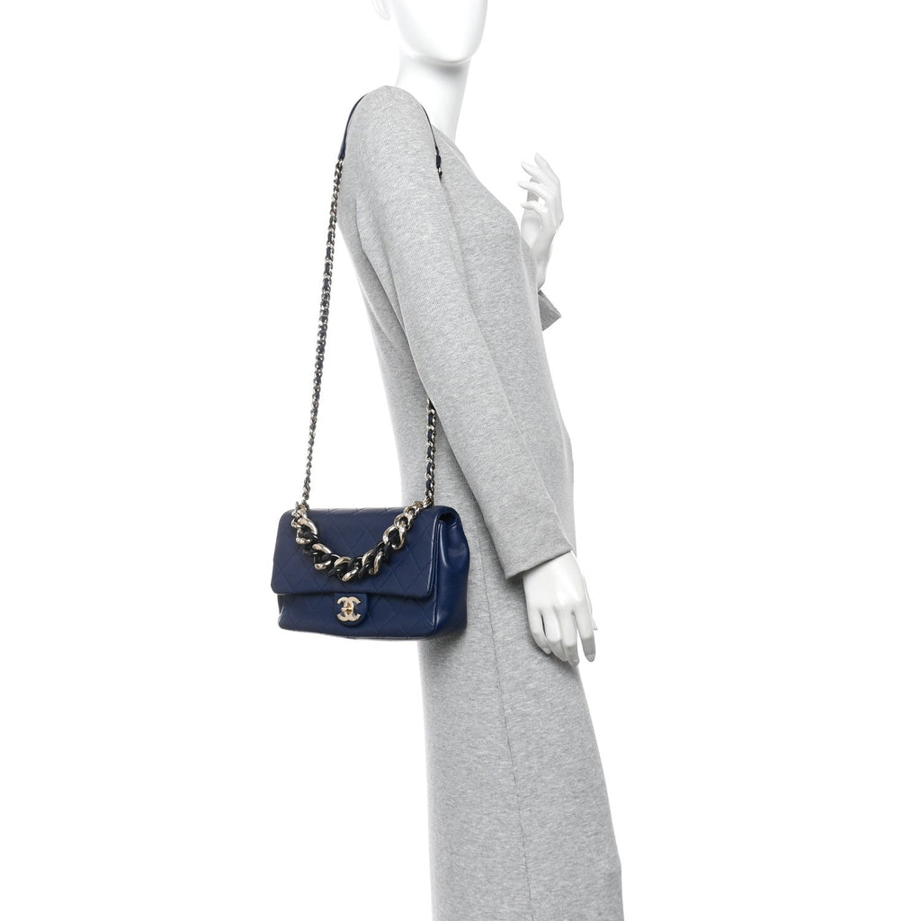 Lambskin Quilted Resin Bi-Color Chain Flap Bag Navy