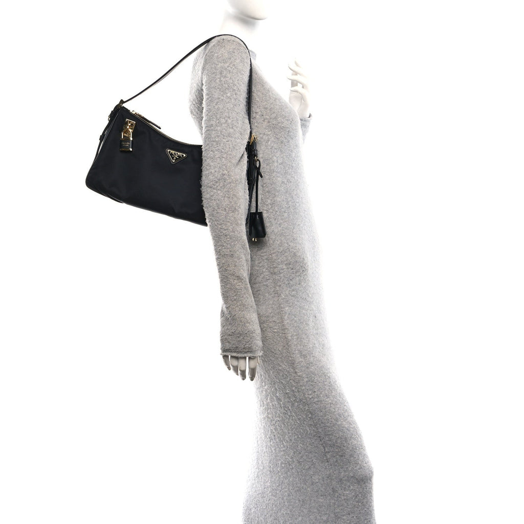 Re-Nylon Vitello Large Aimee Shoulder Bag Black