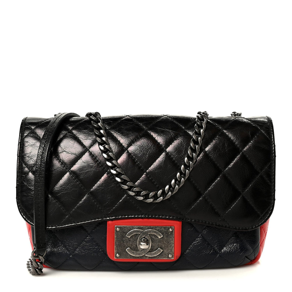Shiny Goatskin Quilted Tri-Color Flap Black Red Navy