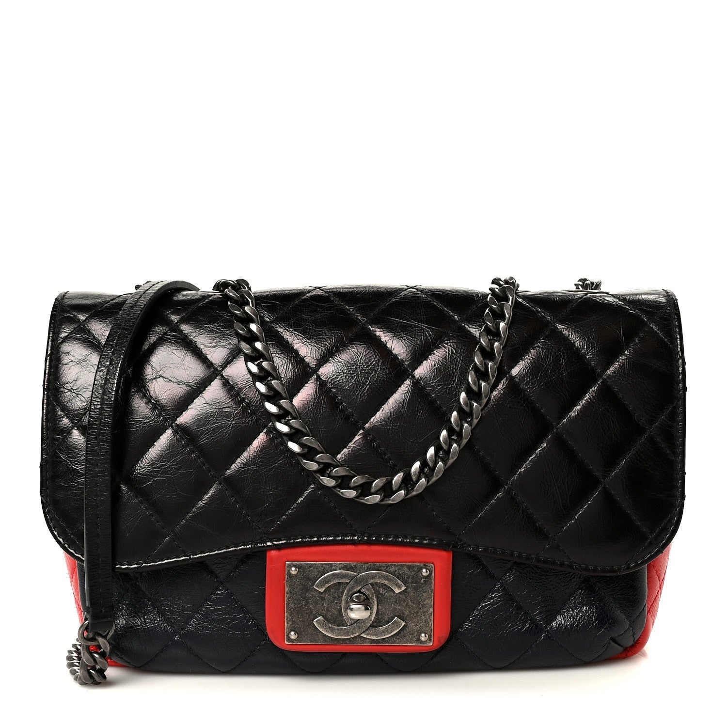 Shiny Goatskin Quilted Tri-Color Flap Black Red Navy