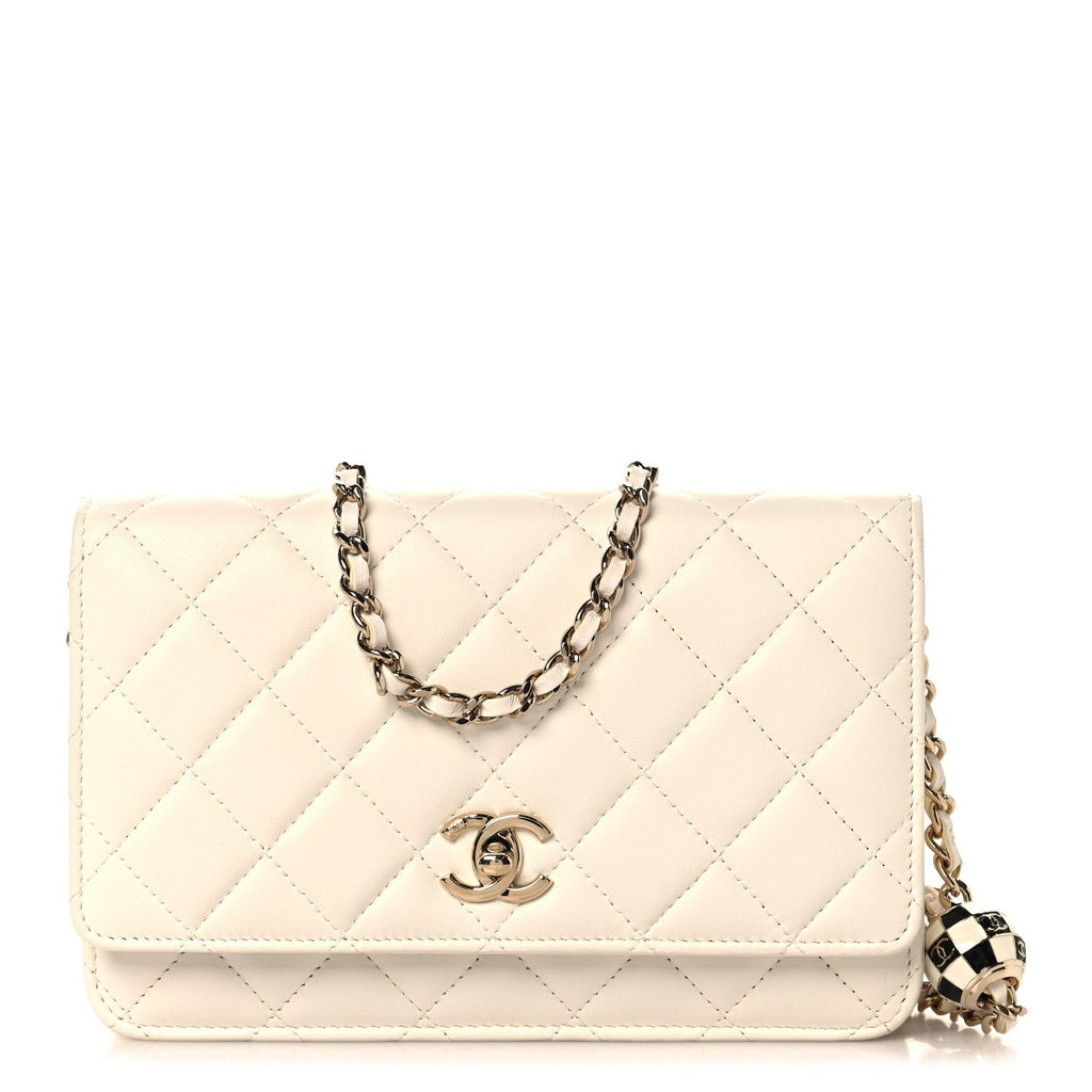 Lambskin Enamel Quilted Pearl Crush Wallet On Chain WOC White