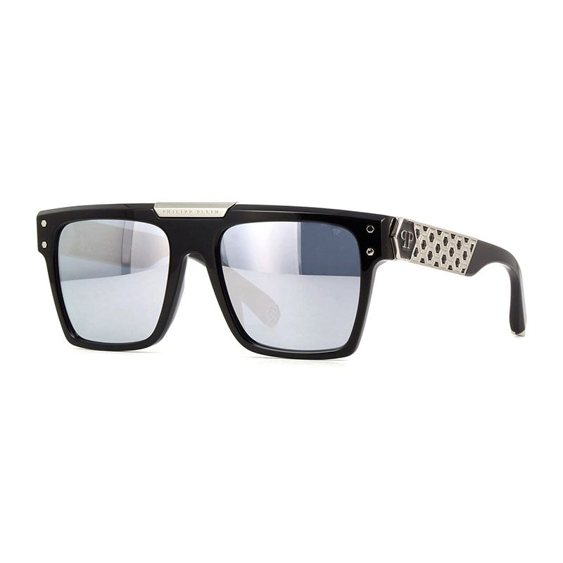 Philipp Plein Sunglasses Square Full Rim, Shiny Black/Silver Frame and Smoke Silver Mirror Lens SPP080700W