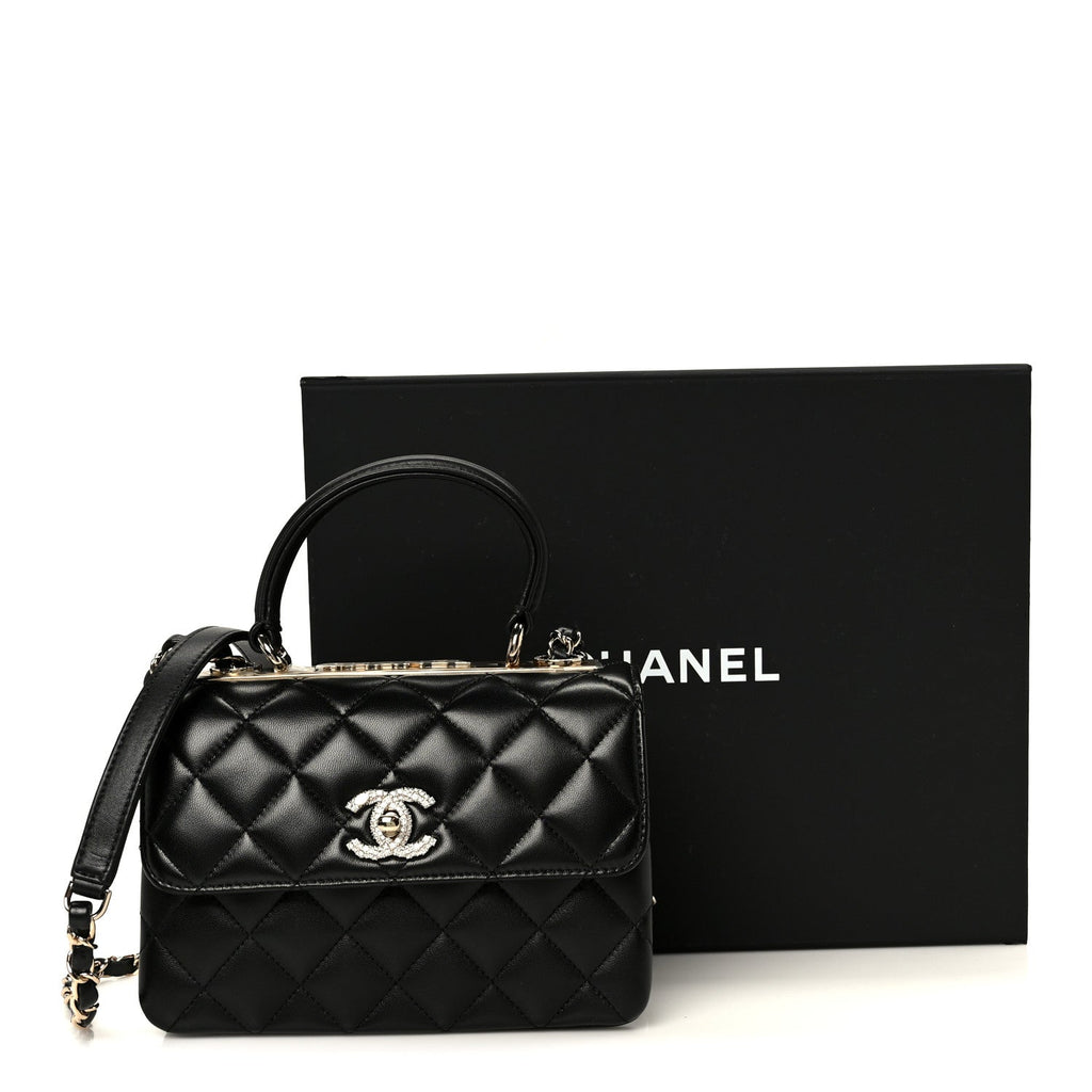 Lambskin Crystal Quilted Mini Trendy CC Dual Handle Flap Bag Black