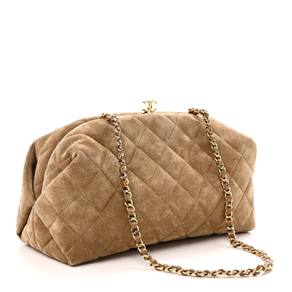 Suede Clutch With Chain Dark Beige