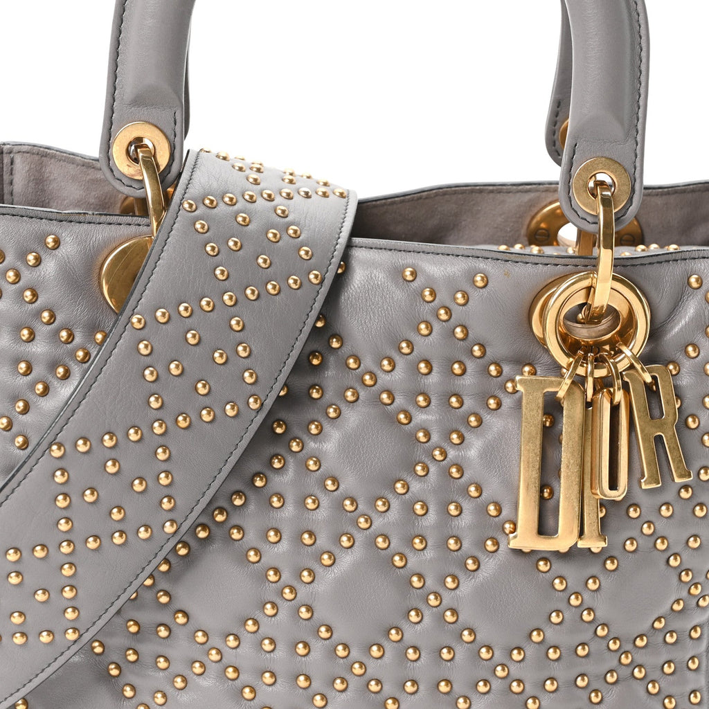 Calfskin Cannage Studded Medium Supple Lady Dior Grey