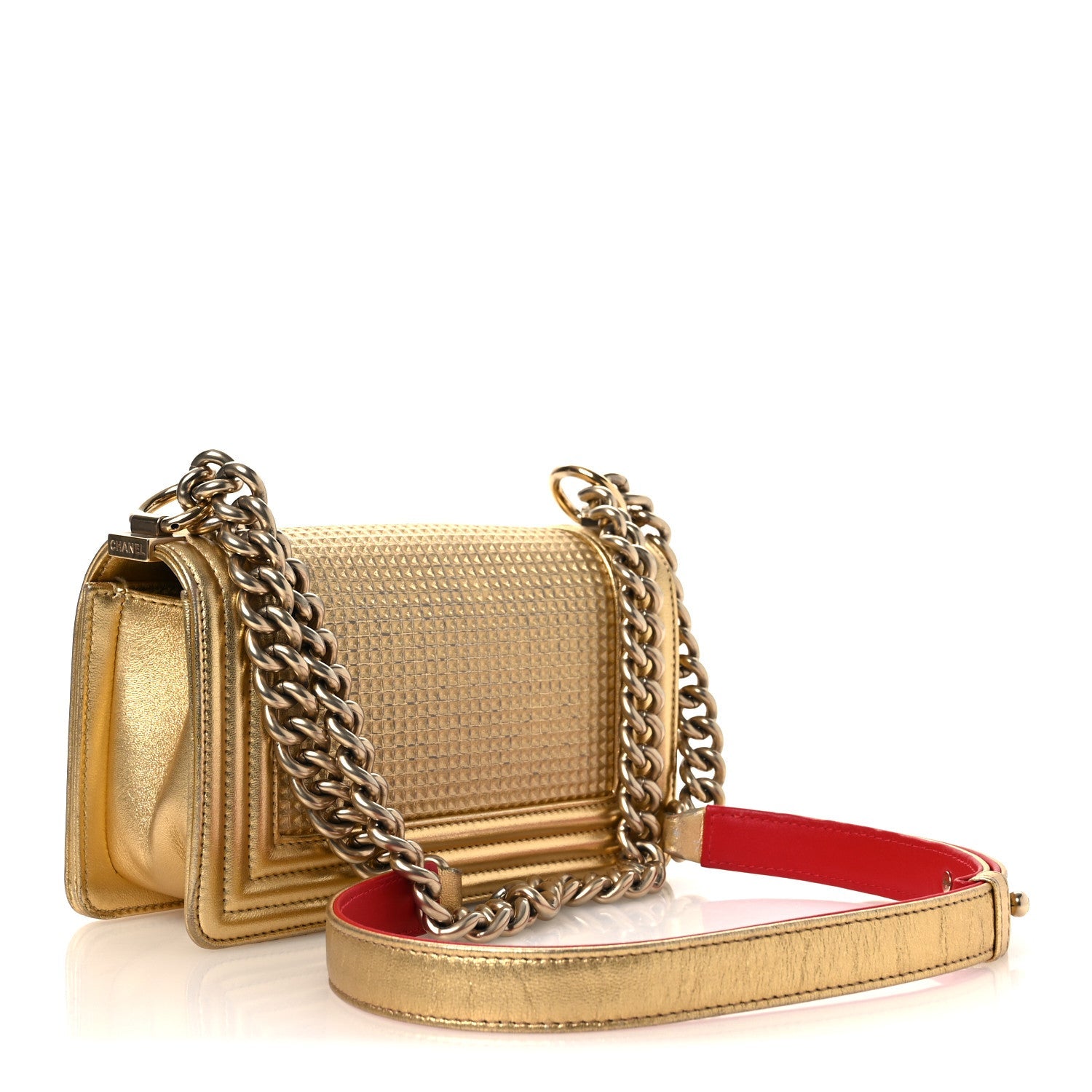 Metallic Lambskin Embossed Small Cube Boy Flap Gold