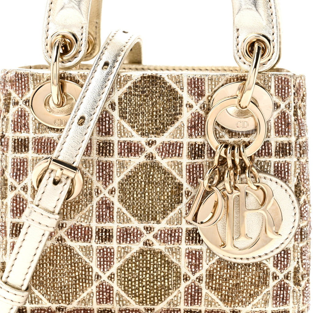 Metallic Lambskin Cannage Beaded Embroidered Micro Lady Dior Gold