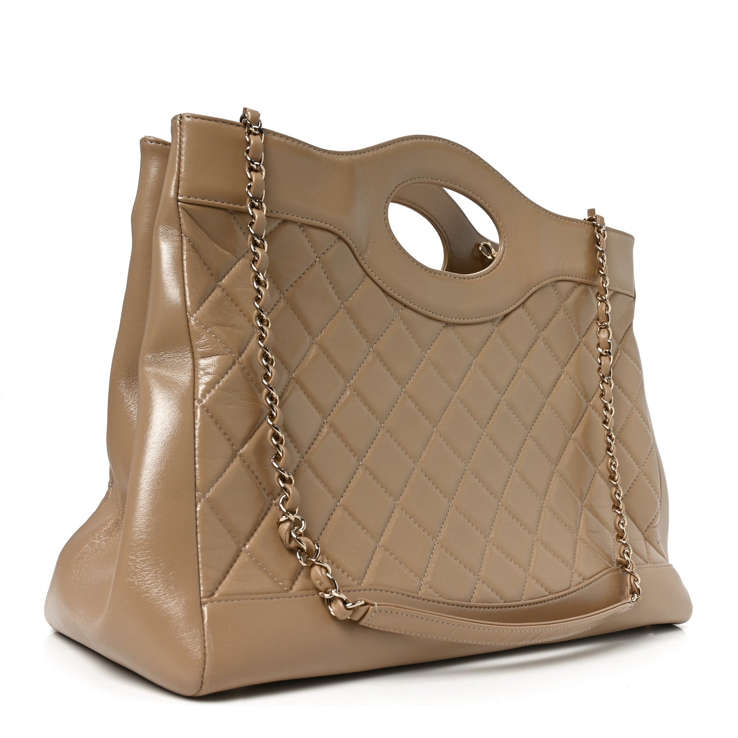 Shiny Crumpled Calfskin Quilted Large 31 Shopping Bag Beige