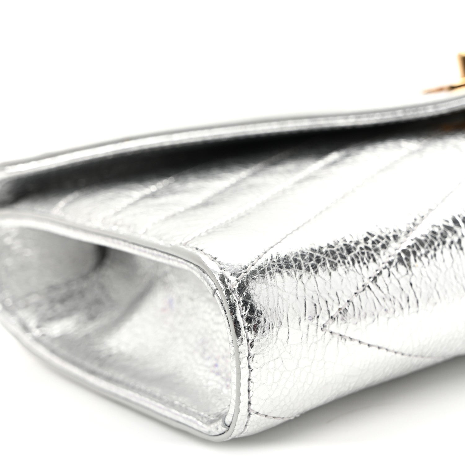 Metallic Aged Calfskin Chevron Quilted Top Handle Envelope Clutch Silver