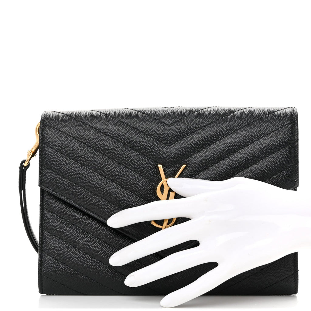 Grain De Poudre Matelasse Chevron Monogram Envelope Clutch Black