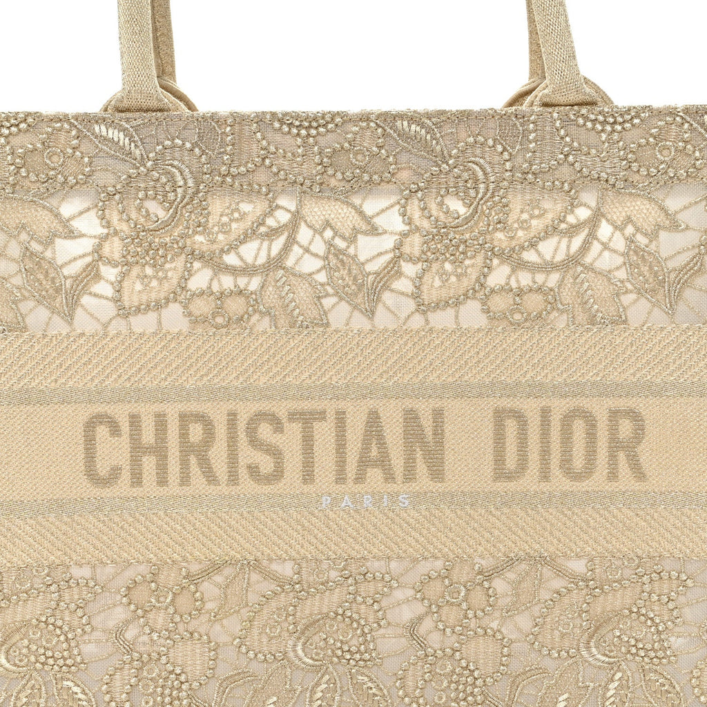 Transparent Metallic Embroidered Mesh Macrame Medium Book Tote Gold
