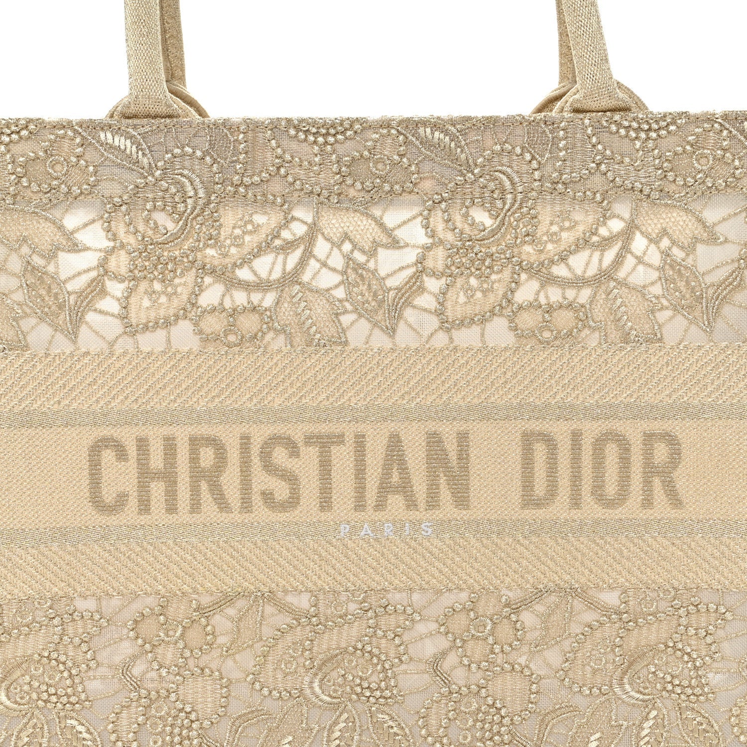 Transparent Metallic Embroidered Mesh Macrame Medium Book Tote Gold