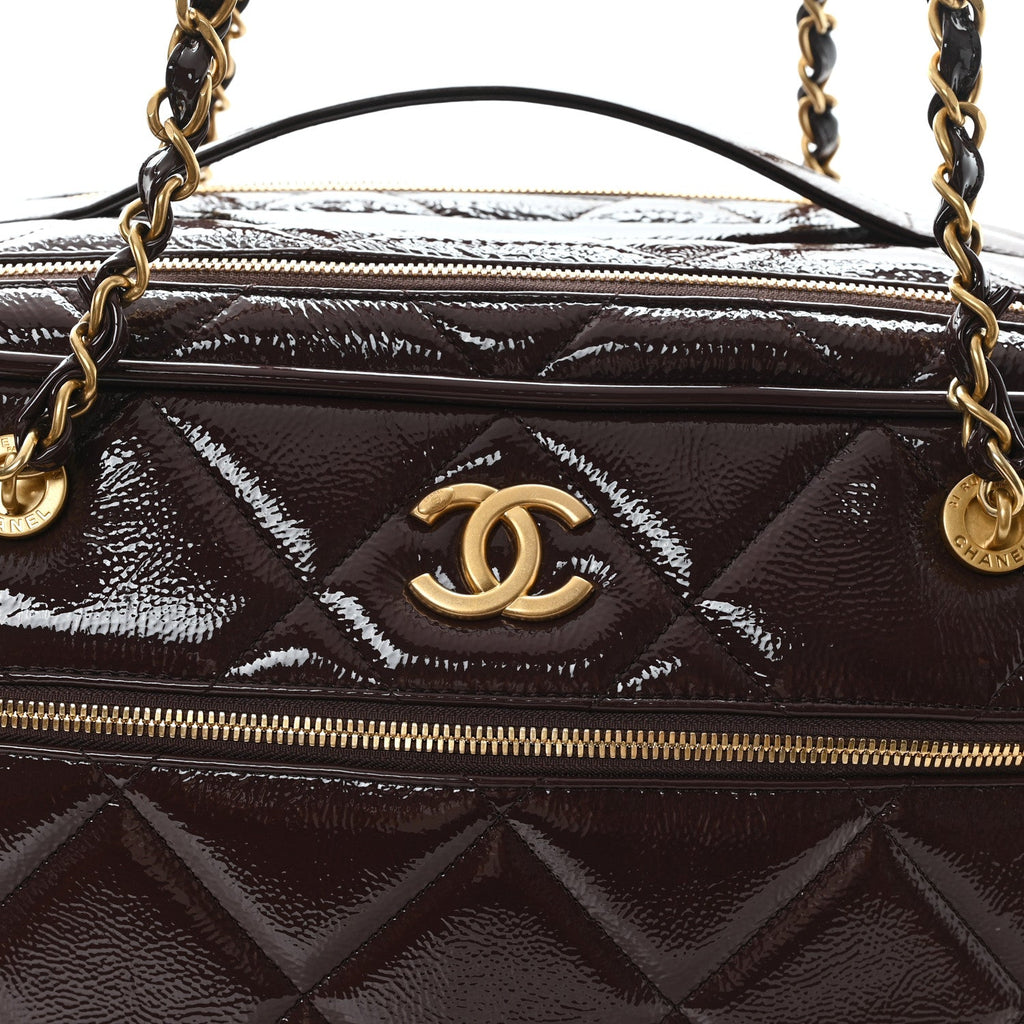 Patent Crumpled Calfskin Quilted Travel Bowling Bag Dark Brown