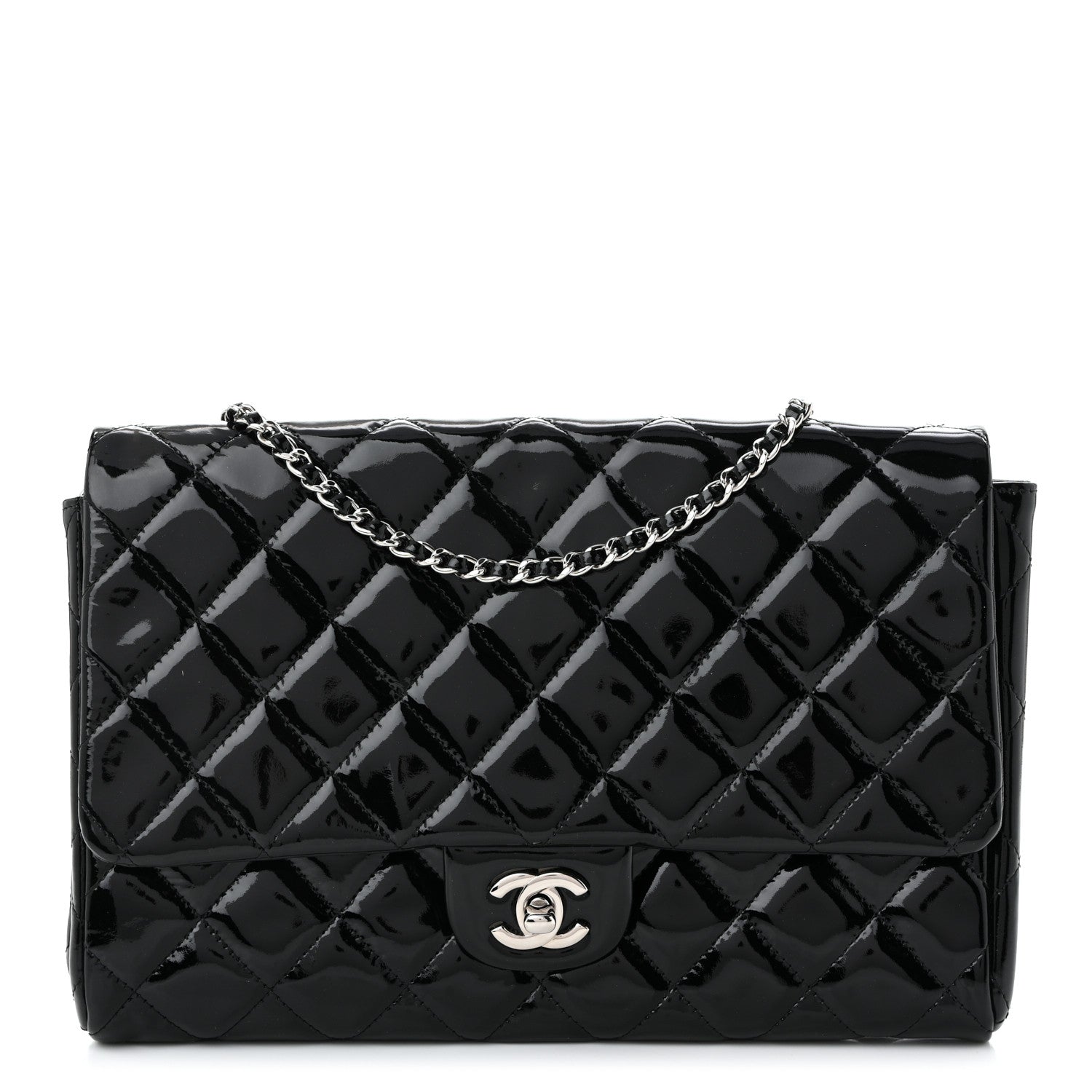 Patent Quilted Clutch with Chain Flap Black
