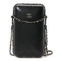 Lambskin Quilted Chain Around Phone Holder Black