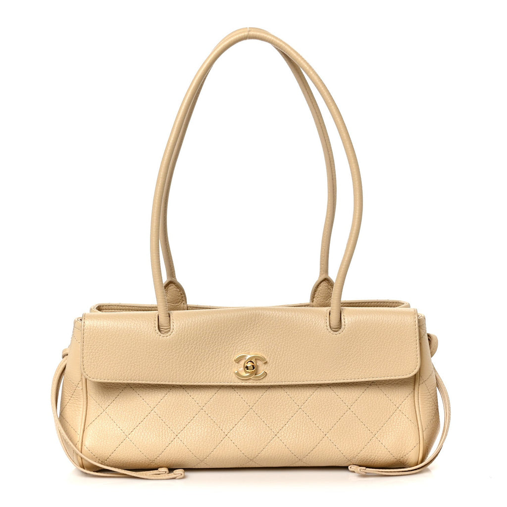 Grained Calfskin Stitched Urban Essentials Small Shopping Bag Beige