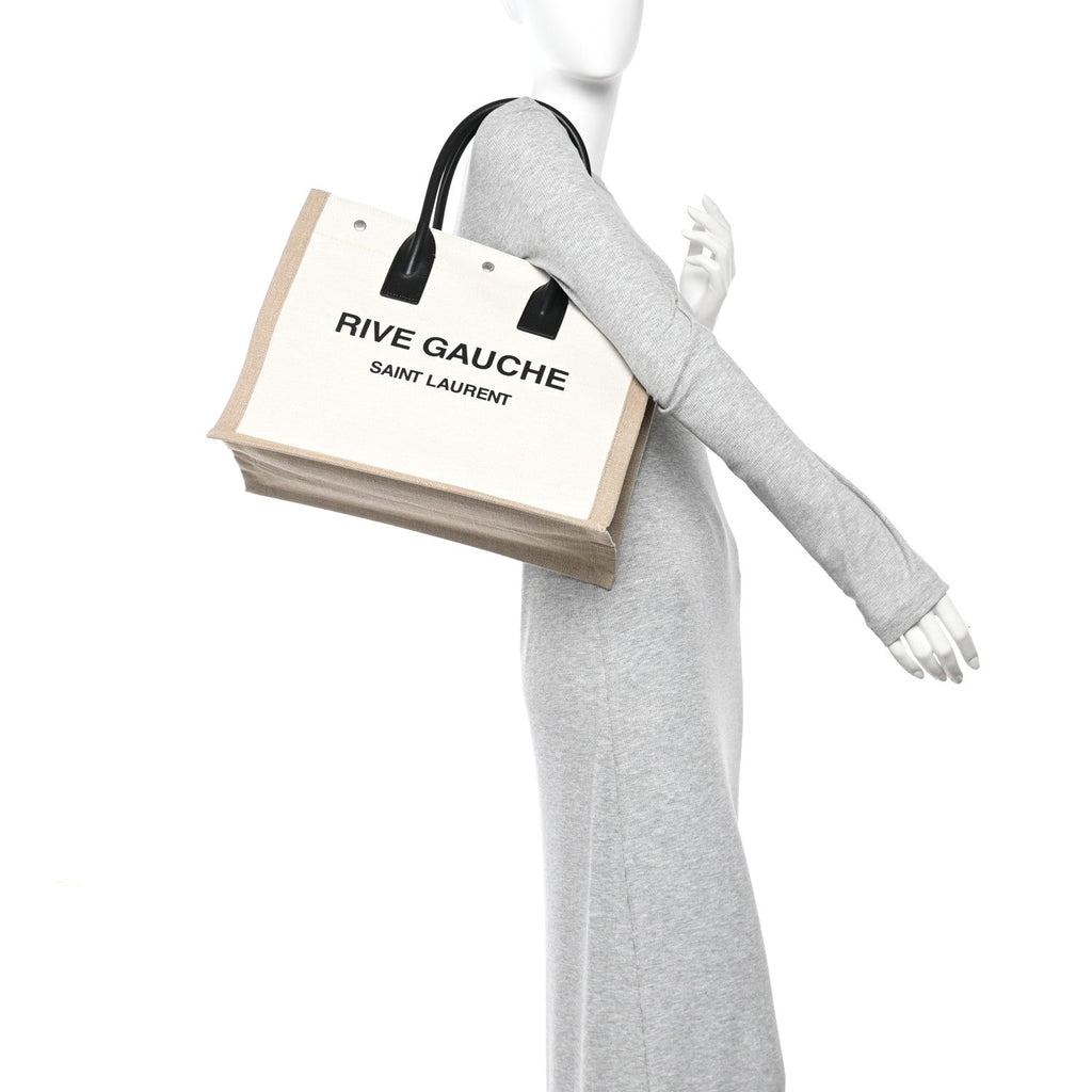 Linen Calfskin Small Rive Gauche Tote Greggio Natural