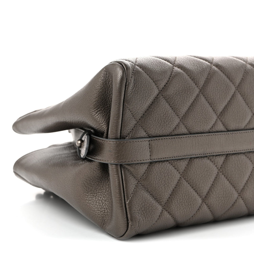 Metallic Goatskin Quilted Large City Rock Shopping Bag Silver