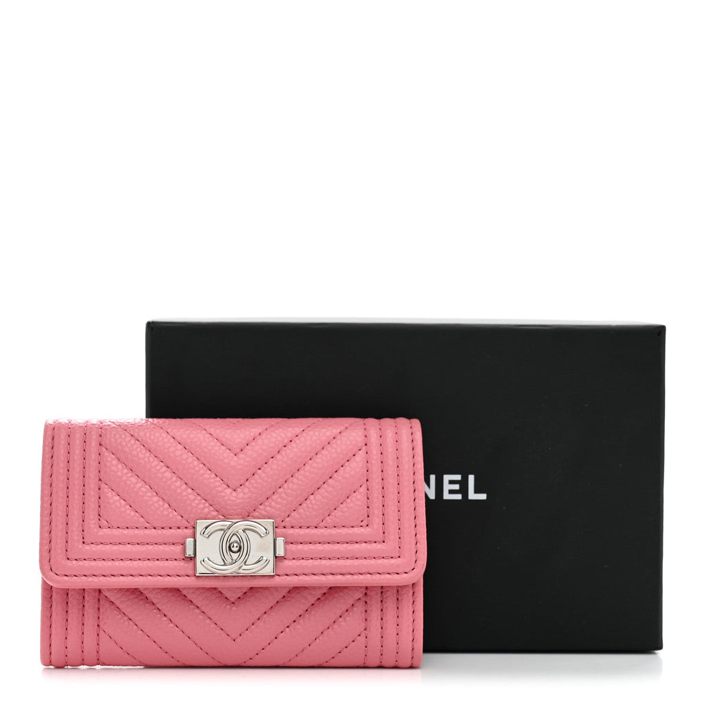 Caviar Chevron Quilted Boy Card Holder Wallet Dark Pink