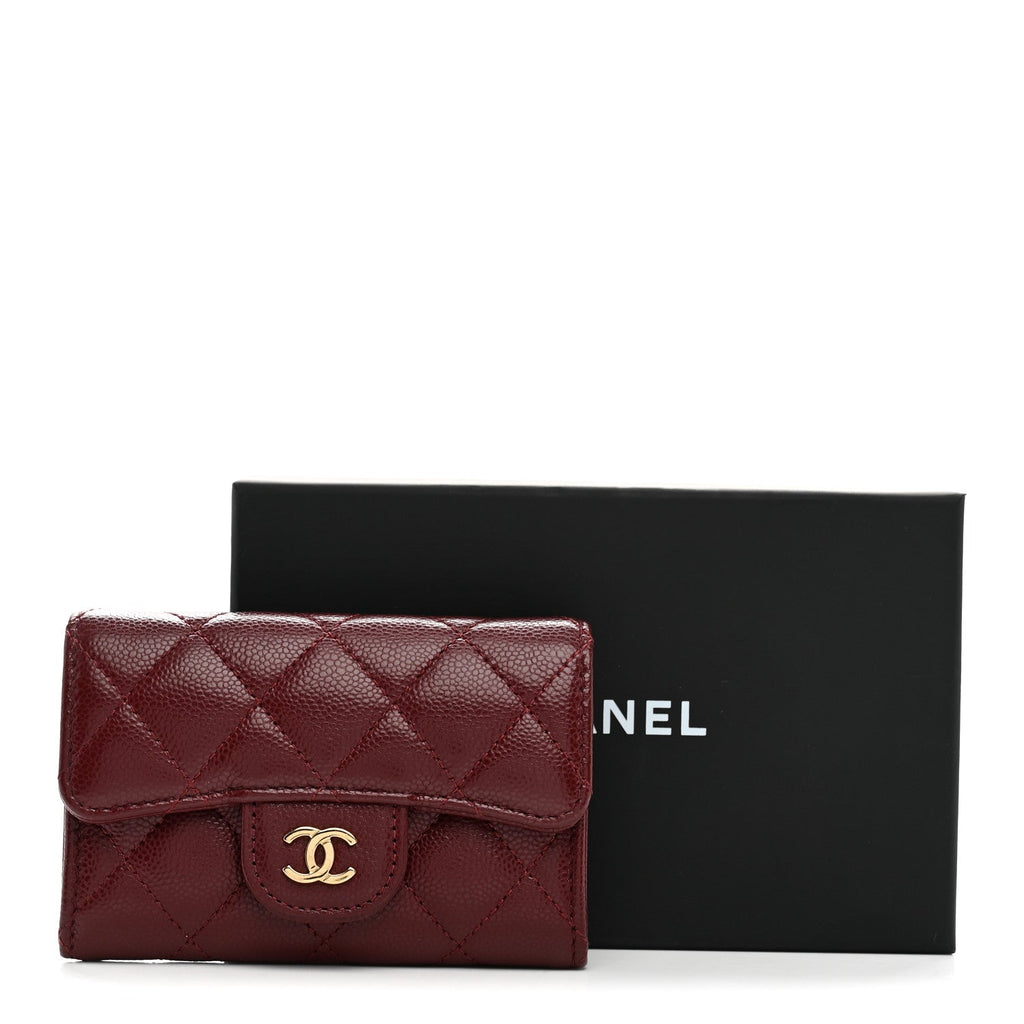 Caviar Quilted Flap Card Holder Wallet Burgundy