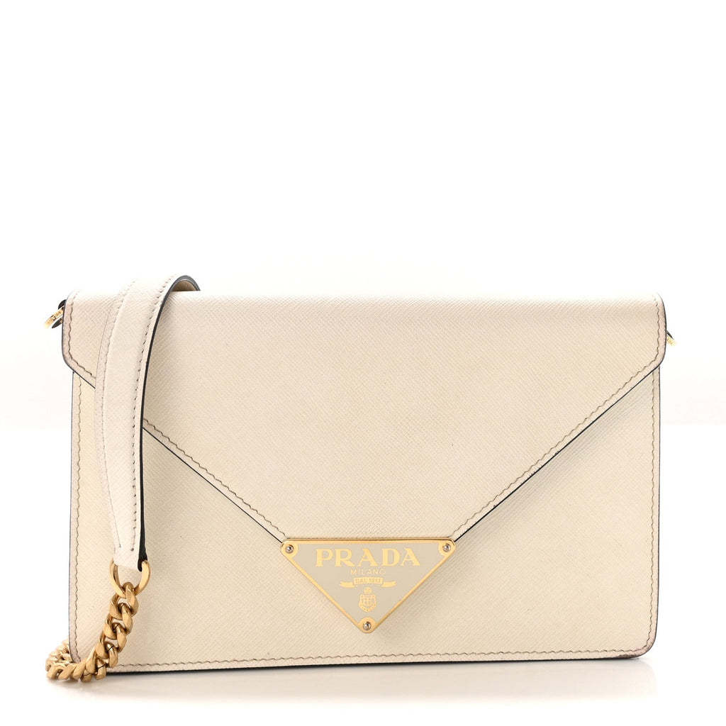 Saffiano Lux Metal Triangle Logo Mini Envelope Chain Shoulder Bag White